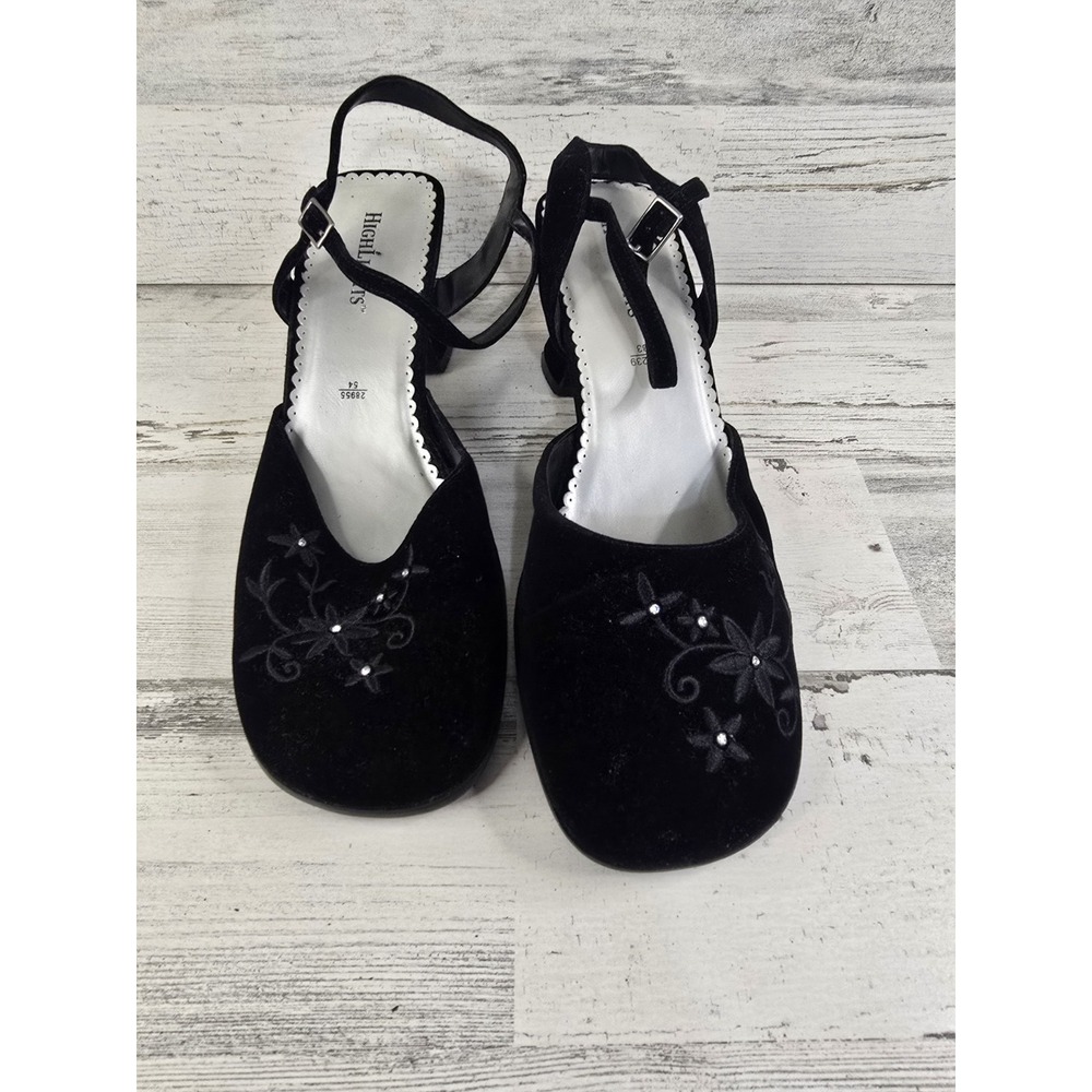 Highlights Black Velvet Floral Embroidered Slingback Block Heels Womens 11 28955